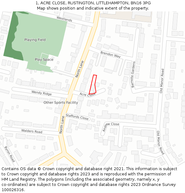 1, ACRE CLOSE, RUSTINGTON, LITTLEHAMPTON, BN16 3PG: Location map and indicative extent of plot