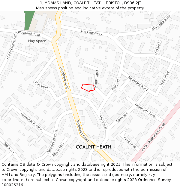 1, ADAMS LAND, COALPIT HEATH, BRISTOL, BS36 2JT: Location map and indicative extent of plot