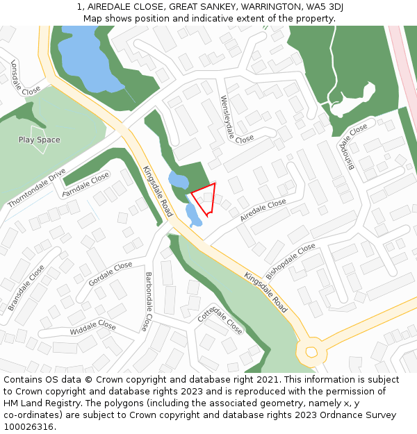 1, AIREDALE CLOSE, GREAT SANKEY, WARRINGTON, WA5 3DJ: Location map and indicative extent of plot