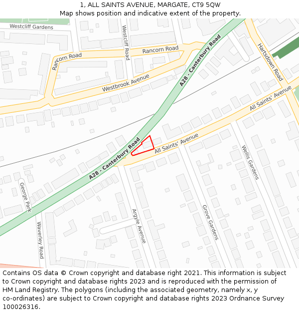 1, ALL SAINTS AVENUE, MARGATE, CT9 5QW: Location map and indicative extent of plot