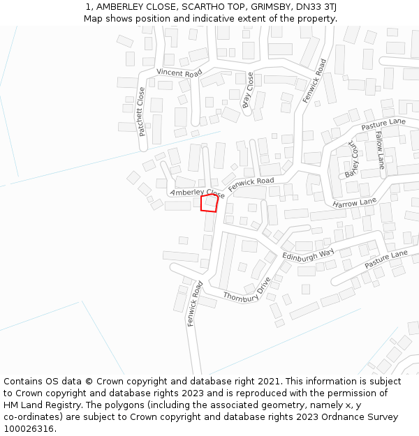 1, AMBERLEY CLOSE, SCARTHO TOP, GRIMSBY, DN33 3TJ: Location map and indicative extent of plot