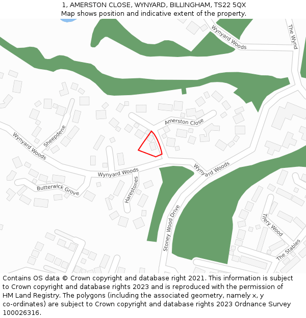 1, AMERSTON CLOSE, WYNYARD, BILLINGHAM, TS22 5QX: Location map and indicative extent of plot