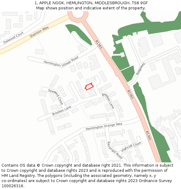 1, APPLE NOOK, HEMLINGTON, MIDDLESBROUGH, TS8 9GF: Location map and indicative extent of plot