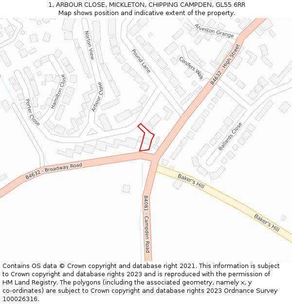 1, ARBOUR CLOSE, MICKLETON, CHIPPING CAMPDEN, GL55 6RR: Location map and indicative extent of plot