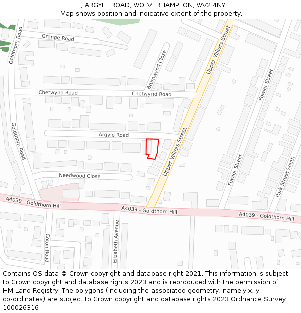 1, ARGYLE ROAD, WOLVERHAMPTON, WV2 4NY: Location map and indicative extent of plot