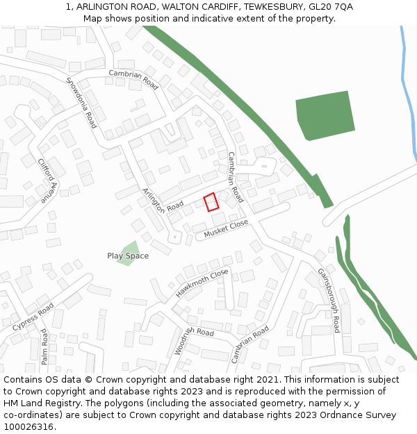 1, ARLINGTON ROAD, WALTON CARDIFF, TEWKESBURY, GL20 7QA: Location map and indicative extent of plot