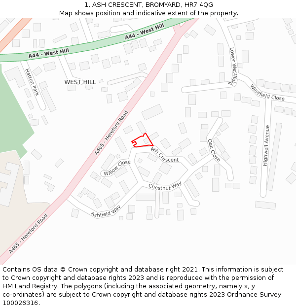 1, ASH CRESCENT, BROMYARD, HR7 4QG: Location map and indicative extent of plot