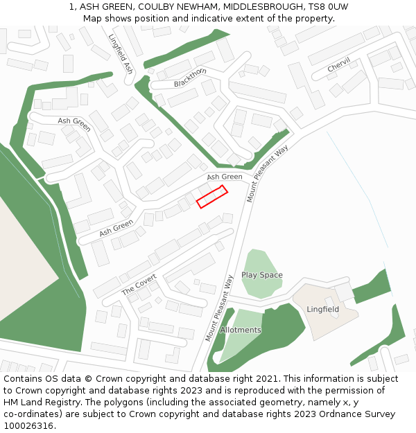 1, ASH GREEN, COULBY NEWHAM, MIDDLESBROUGH, TS8 0UW: Location map and indicative extent of plot