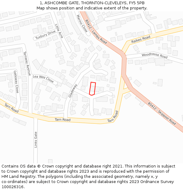 1, ASHCOMBE GATE, THORNTON-CLEVELEYS, FY5 5PB: Location map and indicative extent of plot