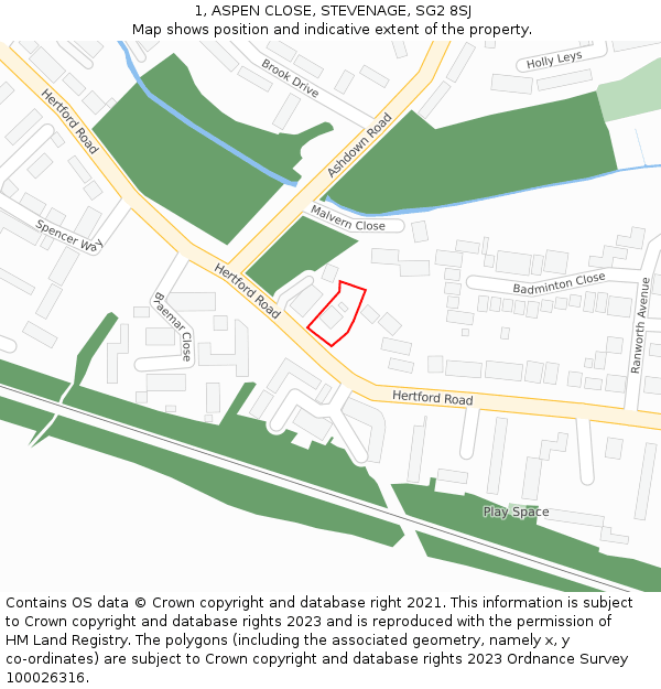 1, ASPEN CLOSE, STEVENAGE, SG2 8SJ: Location map and indicative extent of plot