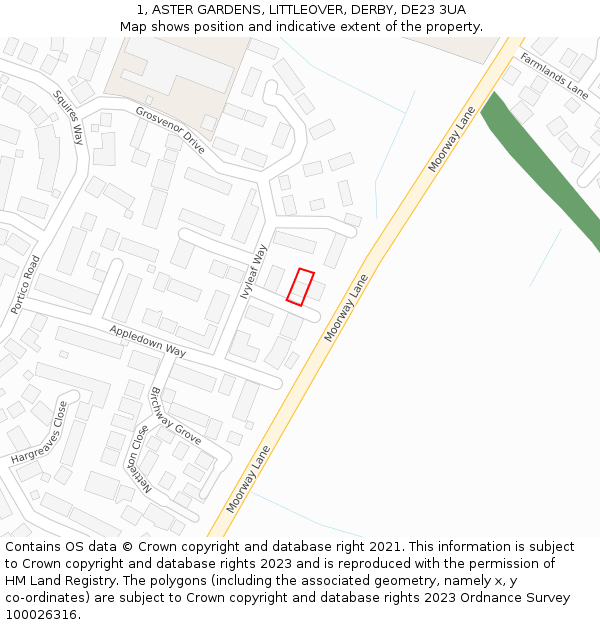 1, ASTER GARDENS, LITTLEOVER, DERBY, DE23 3UA: Location map and indicative extent of plot