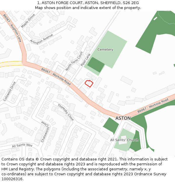 1, ASTON FORGE COURT, ASTON, SHEFFIELD, S26 2EG: Location map and indicative extent of plot