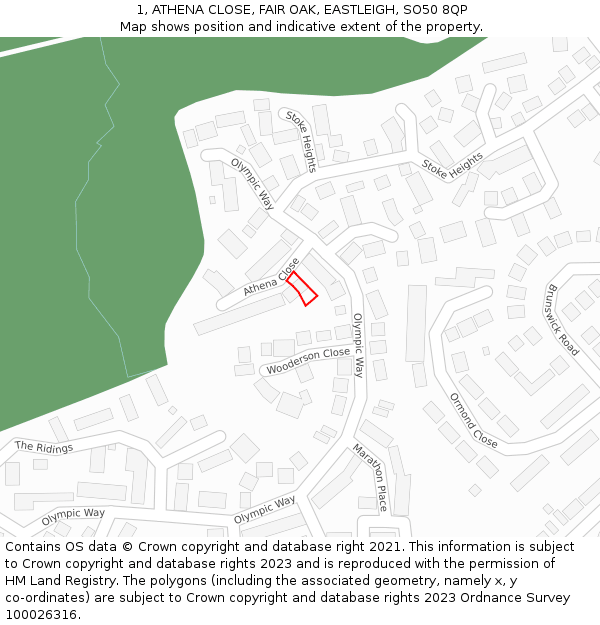 1, ATHENA CLOSE, FAIR OAK, EASTLEIGH, SO50 8QP: Location map and indicative extent of plot