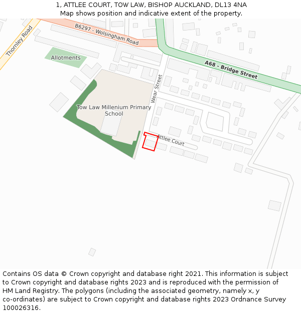 1, ATTLEE COURT, TOW LAW, BISHOP AUCKLAND, DL13 4NA: Location map and indicative extent of plot