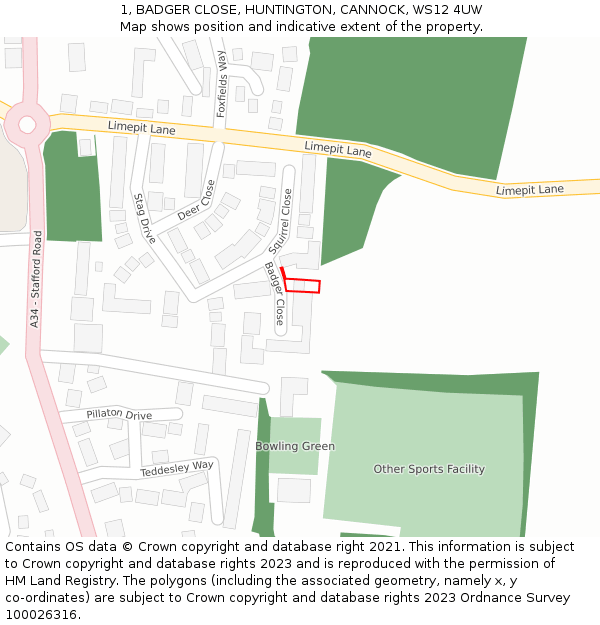 1, BADGER CLOSE, HUNTINGTON, CANNOCK, WS12 4UW: Location map and indicative extent of plot