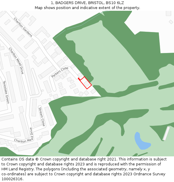 1, BADGERS DRIVE, BRISTOL, BS10 6LZ: Location map and indicative extent of plot