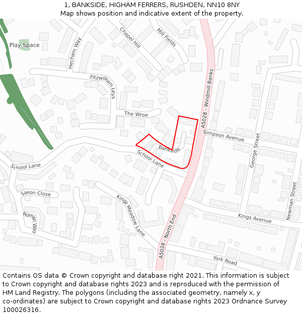 1, BANKSIDE, HIGHAM FERRERS, RUSHDEN, NN10 8NY: Location map and indicative extent of plot