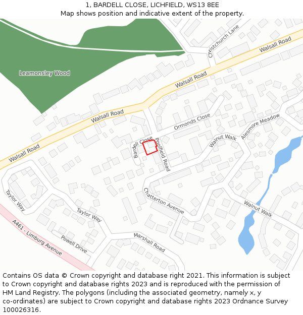 1, BARDELL CLOSE, LICHFIELD, WS13 8EE: Location map and indicative extent of plot