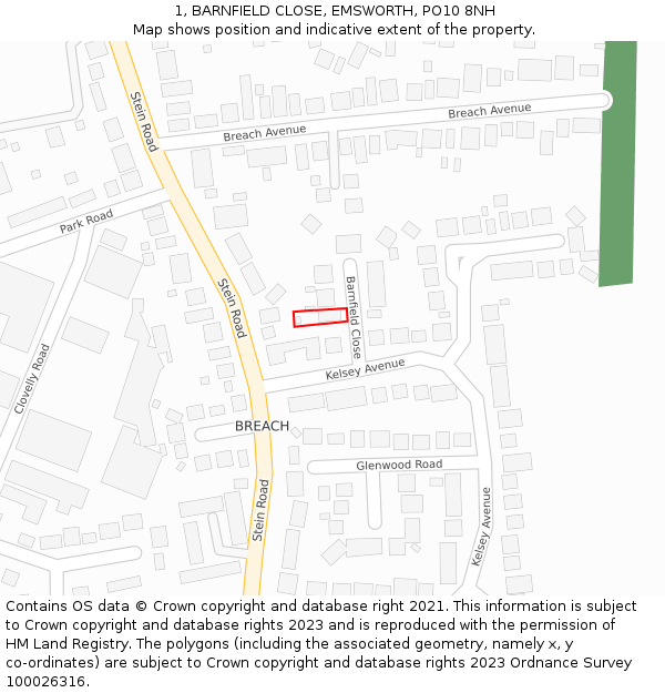 1, BARNFIELD CLOSE, EMSWORTH, PO10 8NH: Location map and indicative extent of plot