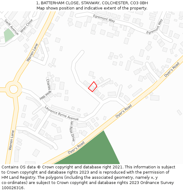 1, BATTERHAM CLOSE, STANWAY, COLCHESTER, CO3 0BH: Location map and indicative extent of plot