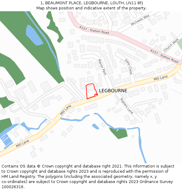 1, BEAUMONT PLACE, LEGBOURNE, LOUTH, LN11 8FJ: Location map and indicative extent of plot