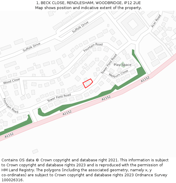 1, BECK CLOSE, RENDLESHAM, WOODBRIDGE, IP12 2UE: Location map and indicative extent of plot