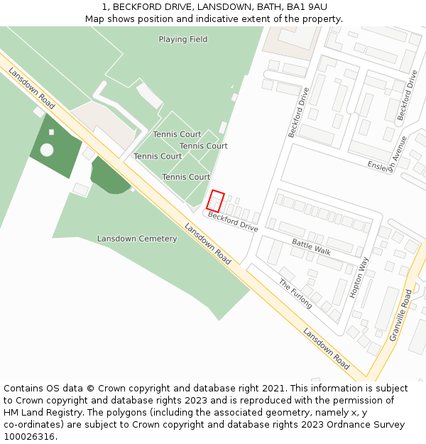 1, BECKFORD DRIVE, LANSDOWN, BATH, BA1 9AU: Location map and indicative extent of plot