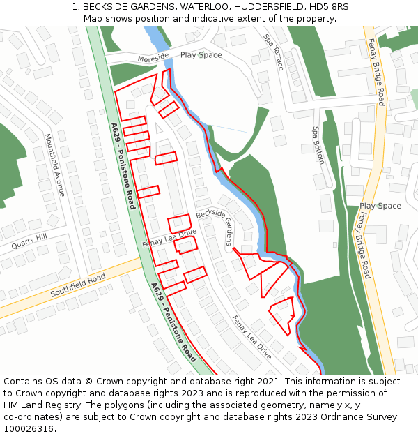 1, BECKSIDE GARDENS, WATERLOO, HUDDERSFIELD, HD5 8RS: Location map and indicative extent of plot