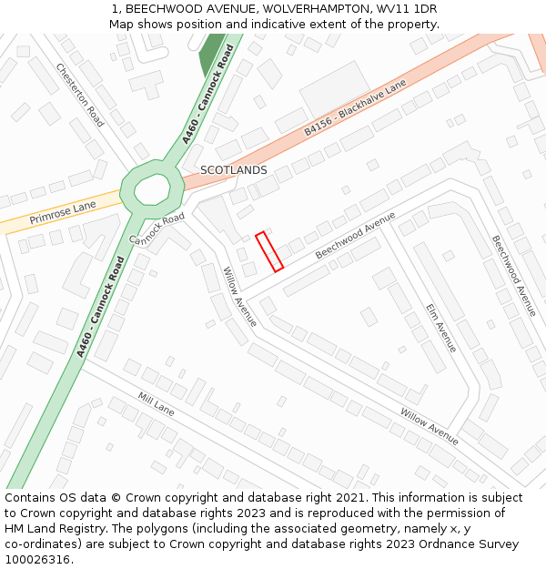 1, BEECHWOOD AVENUE, WOLVERHAMPTON, WV11 1DR: Location map and indicative extent of plot