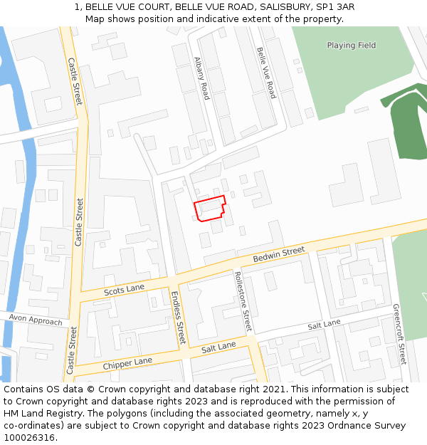 1, BELLE VUE COURT, BELLE VUE ROAD, SALISBURY, SP1 3AR: Location map and indicative extent of plot