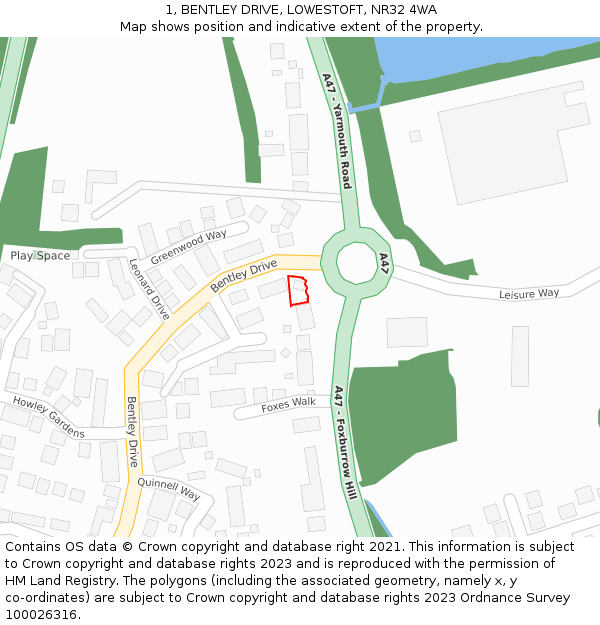 1, BENTLEY DRIVE, LOWESTOFT, NR32 4WA: Location map and indicative extent of plot