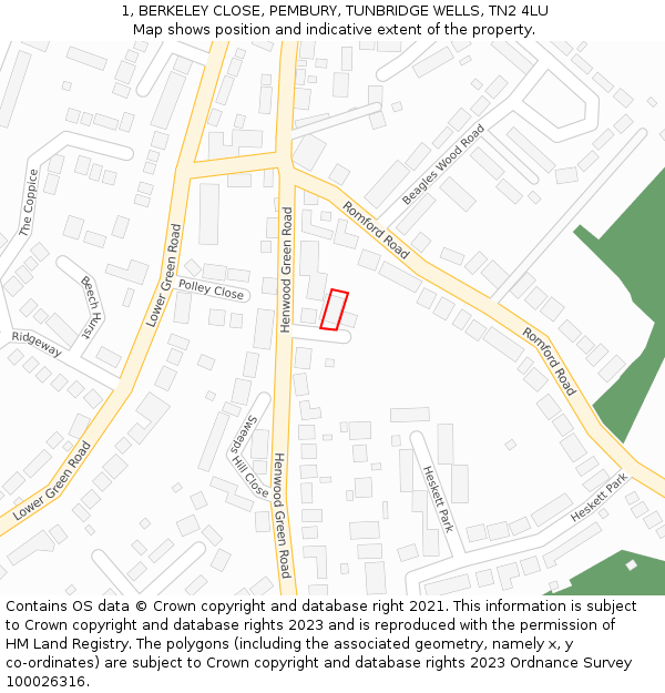 1, BERKELEY CLOSE, PEMBURY, TUNBRIDGE WELLS, TN2 4LU: Location map and indicative extent of plot