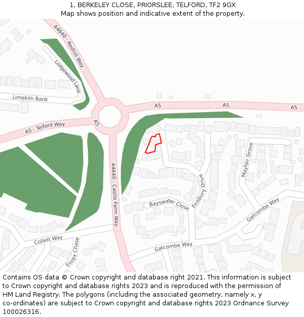 1, BERKELEY CLOSE, PRIORSLEE, TELFORD, TF2 9GX: Location map and indicative extent of plot