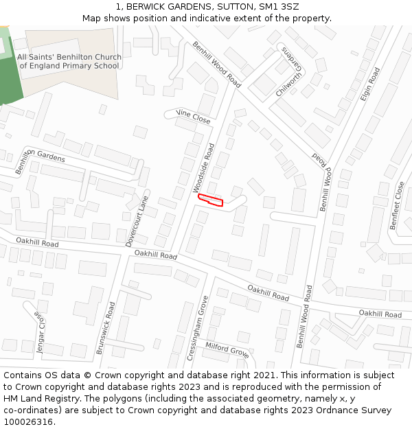 1, BERWICK GARDENS, SUTTON, SM1 3SZ: Location map and indicative extent of plot