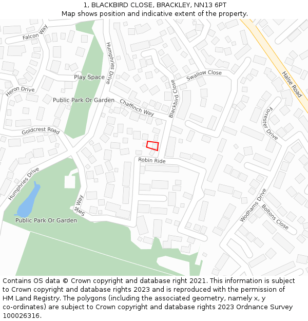 1, BLACKBIRD CLOSE, BRACKLEY, NN13 6PT: Location map and indicative extent of plot