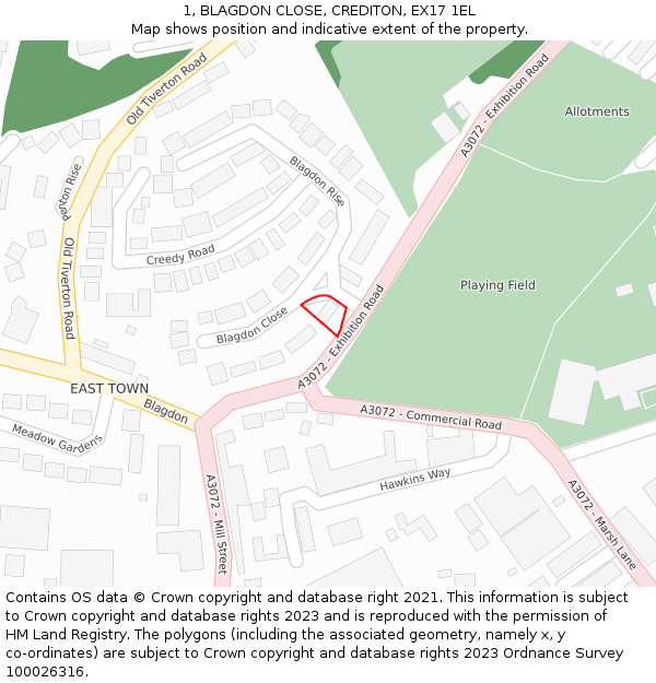 1, BLAGDON CLOSE, CREDITON, EX17 1EL: Location map and indicative extent of plot