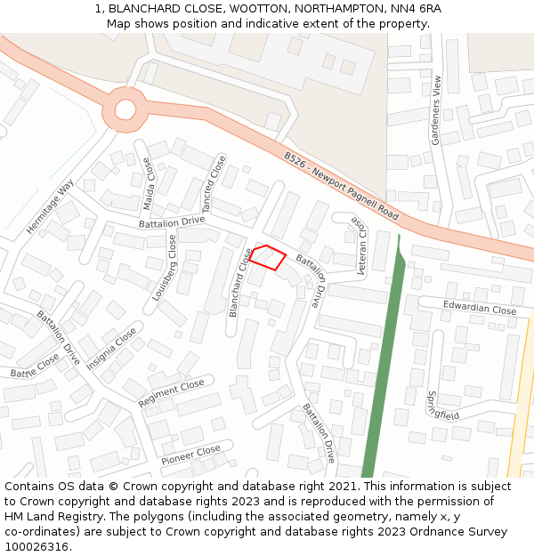 1, BLANCHARD CLOSE, WOOTTON, NORTHAMPTON, NN4 6RA: Location map and indicative extent of plot