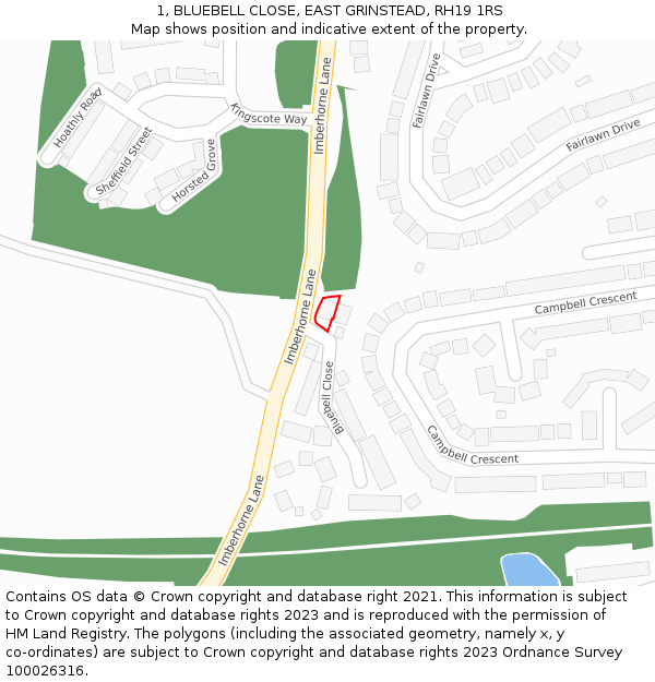 1, BLUEBELL CLOSE, EAST GRINSTEAD, RH19 1RS: Location map and indicative extent of plot