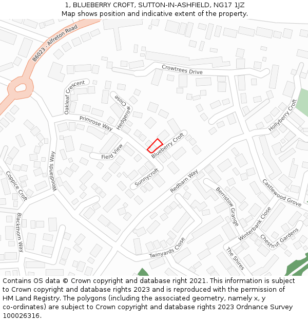 1, BLUEBERRY CROFT, SUTTON-IN-ASHFIELD, NG17 1JZ: Location map and indicative extent of plot