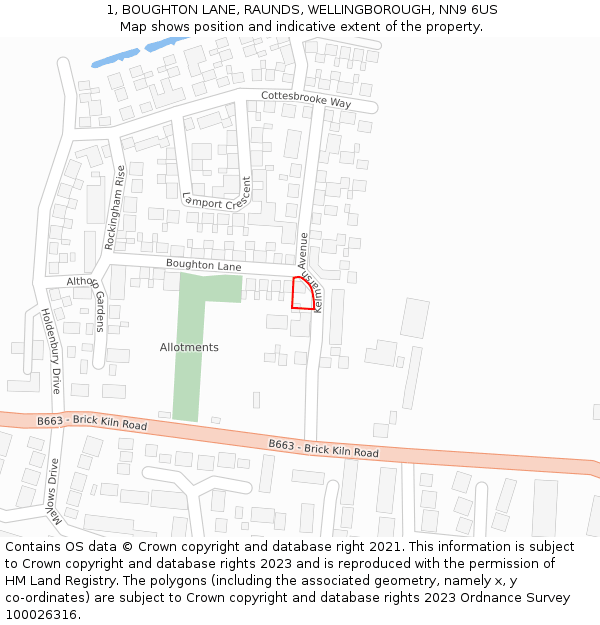1, BOUGHTON LANE, RAUNDS, WELLINGBOROUGH, NN9 6US: Location map and indicative extent of plot