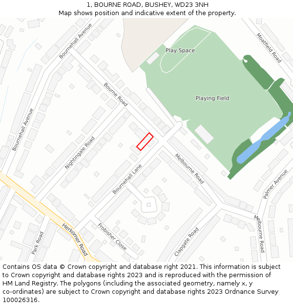 1, BOURNE ROAD, BUSHEY, WD23 3NH: Location map and indicative extent of plot