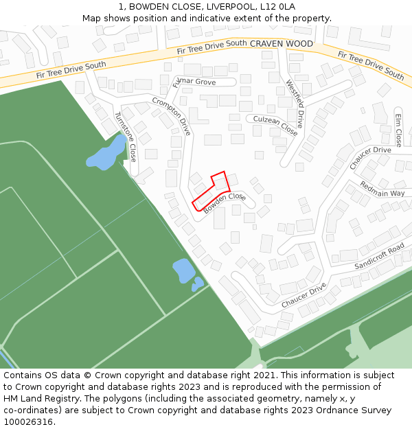 1, BOWDEN CLOSE, LIVERPOOL, L12 0LA: Location map and indicative extent of plot