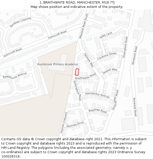 1, BRAITHWAITE ROAD, MANCHESTER, M18 7TJ: Location map and indicative extent of plot