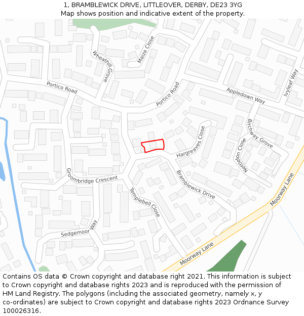 1, BRAMBLEWICK DRIVE, LITTLEOVER, DERBY, DE23 3YG: Location map and indicative extent of plot