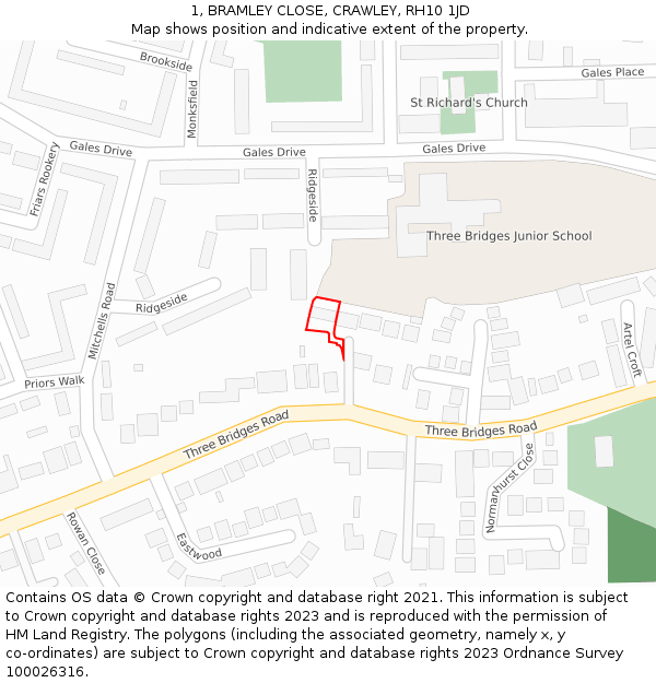 1, BRAMLEY CLOSE, CRAWLEY, RH10 1JD: Location map and indicative extent of plot