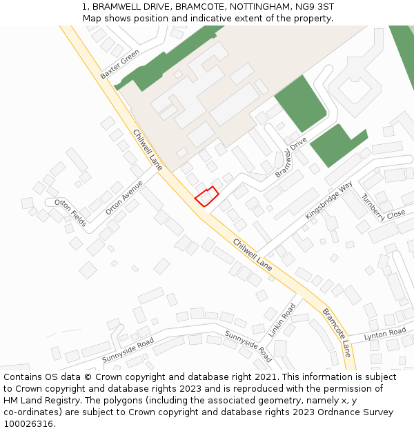 1, BRAMWELL DRIVE, BRAMCOTE, NOTTINGHAM, NG9 3ST: Location map and indicative extent of plot