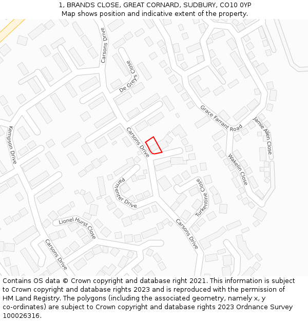 1, BRANDS CLOSE, GREAT CORNARD, SUDBURY, CO10 0YP: Location map and indicative extent of plot