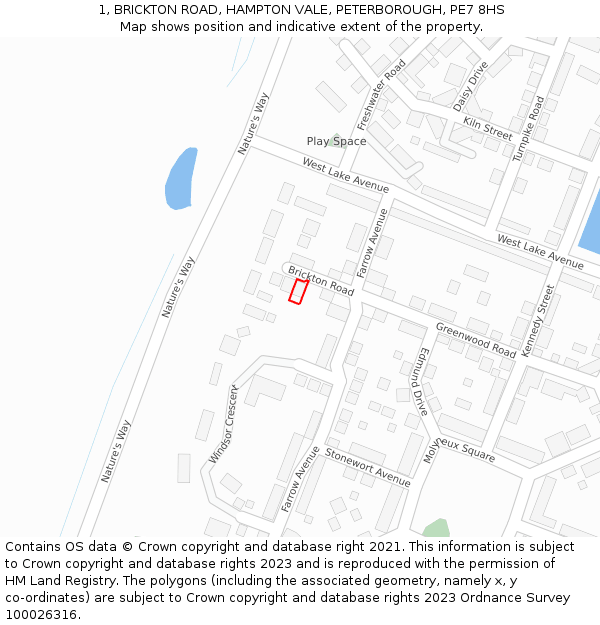 1, BRICKTON ROAD, HAMPTON VALE, PETERBOROUGH, PE7 8HS: Location map and indicative extent of plot