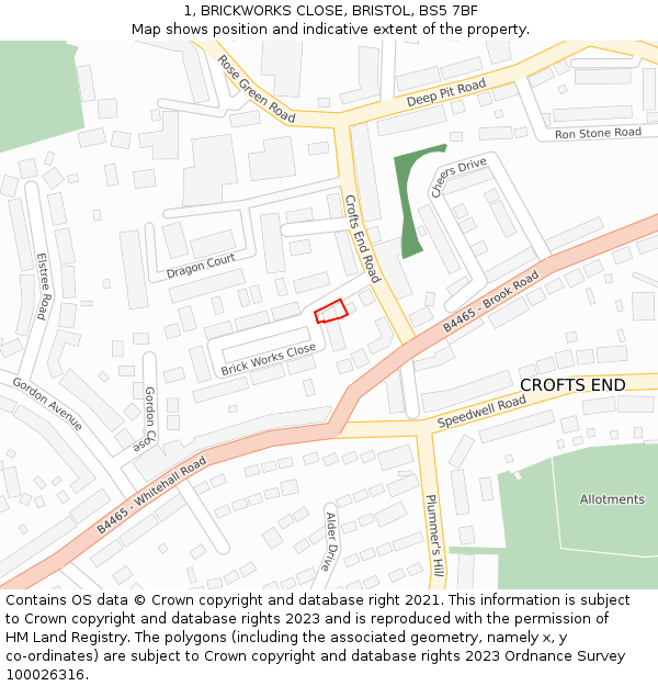 1, BRICKWORKS CLOSE, BRISTOL, BS5 7BF: Location map and indicative extent of plot