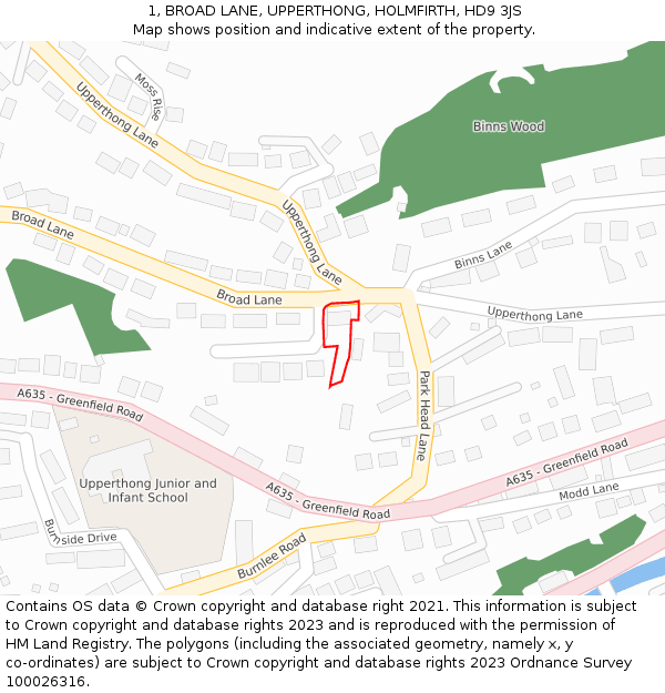 1, BROAD LANE, UPPERTHONG, HOLMFIRTH, HD9 3JS: Location map and indicative extent of plot